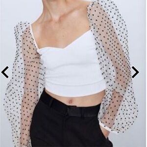 Zara Polka Dot Puff Sleeve White Crop Top🌼🌼